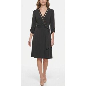 Calvin Klein Women's Black Wrap Dress Slinky Belt Grommets Large/X-Large